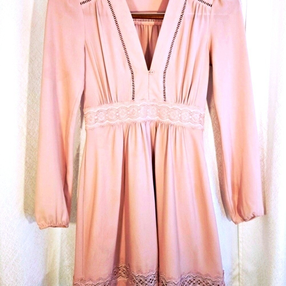 WAYF Womens Blush Pink Lace Trim V-Neck Long Sleeve Mini Dress XS‎